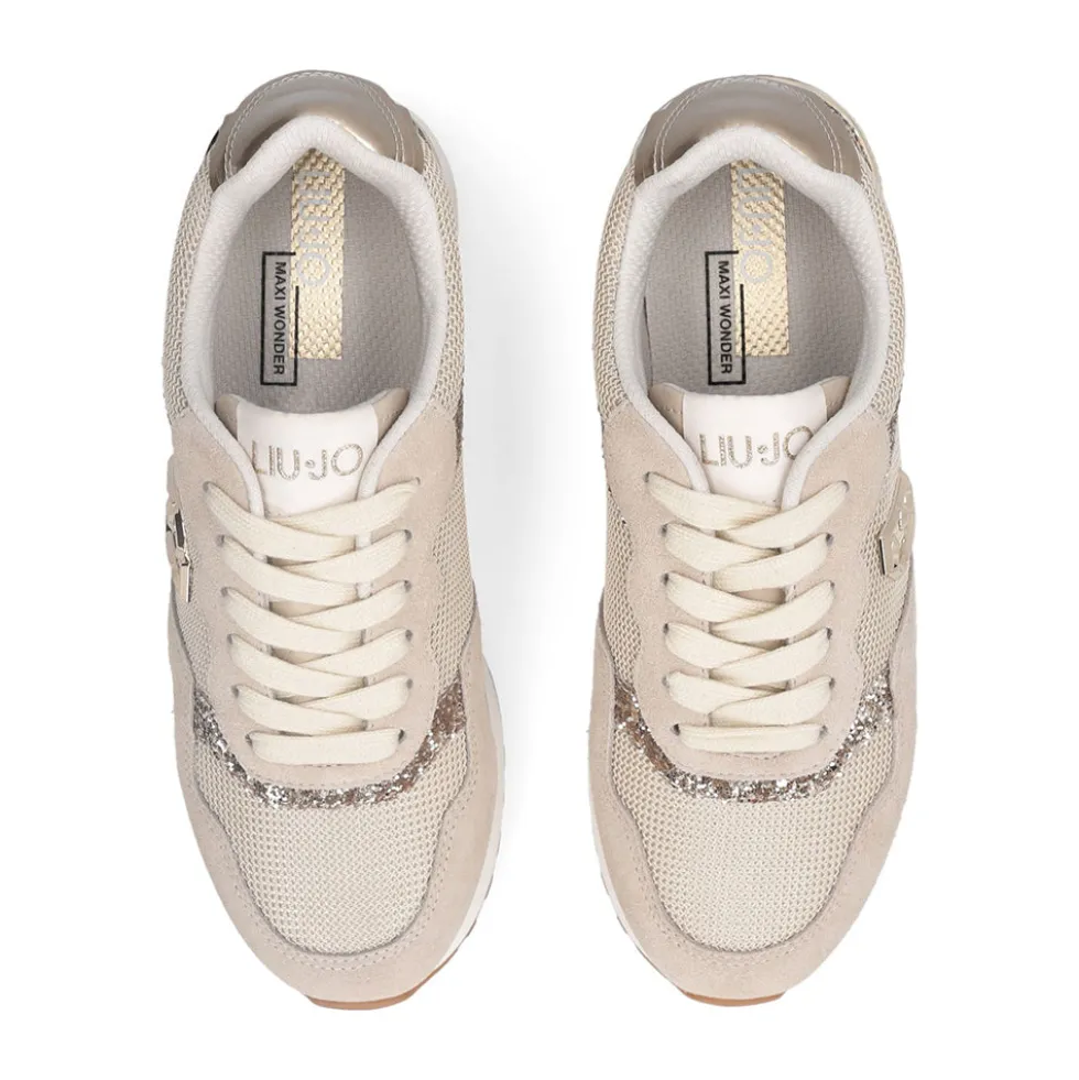 Sneakers Running LIU JO Maxi Wonder Low 02 in Glitter Mesh e Suede Corda Light Gold