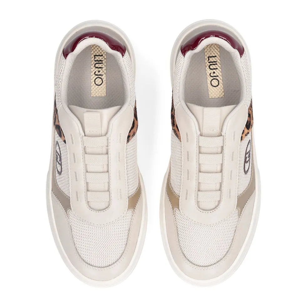 Sneakers Slip On Donna LIU JO Me 05 in Pelle e Tessuto Bianco con Inserti Metallizzati e Animalier