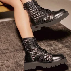 Stivali Donna CULT Slash 4218 Anfibi in Pelle Nera Intrecciata