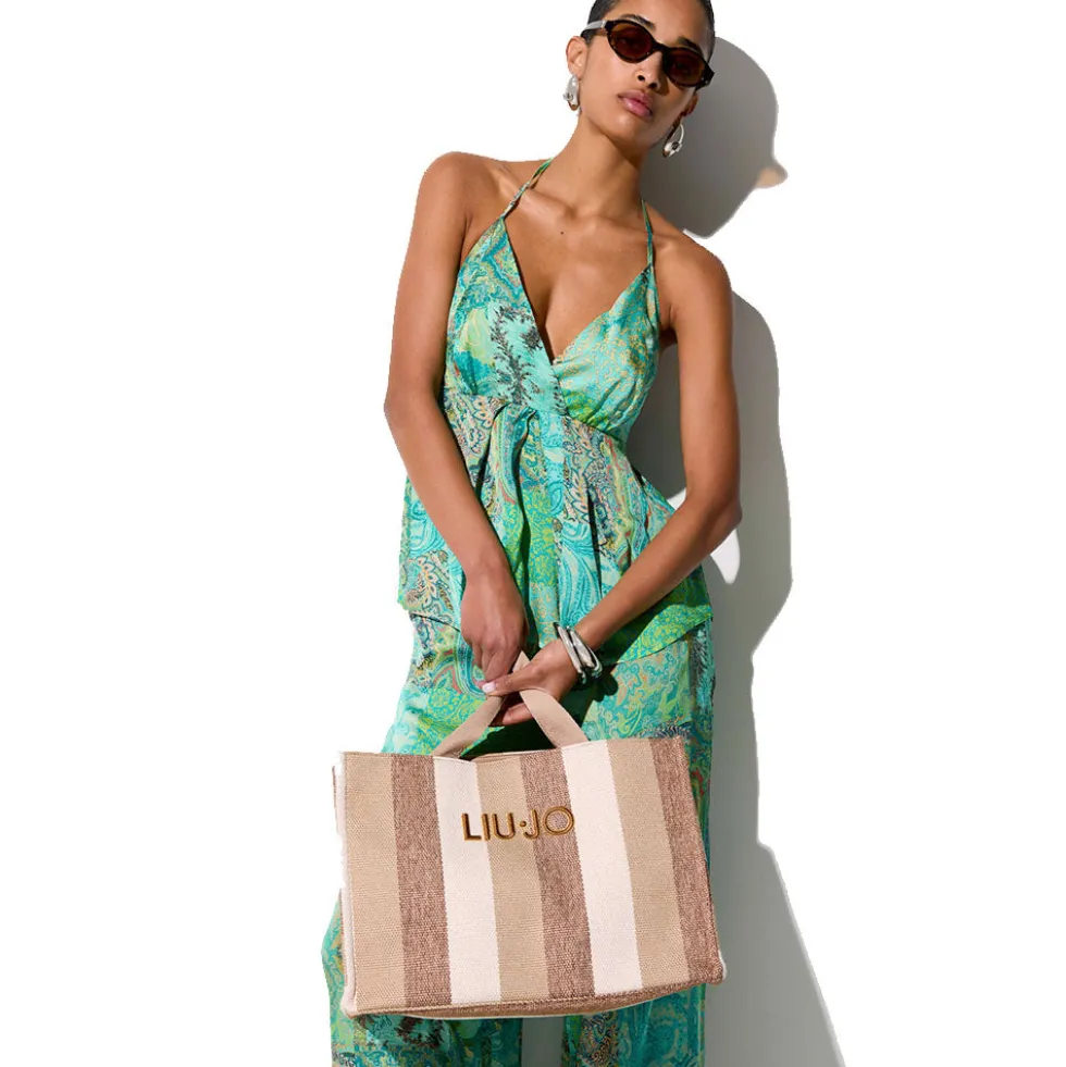 Tote Bag Large LIU JO in Canvas a Righe color Sabbia