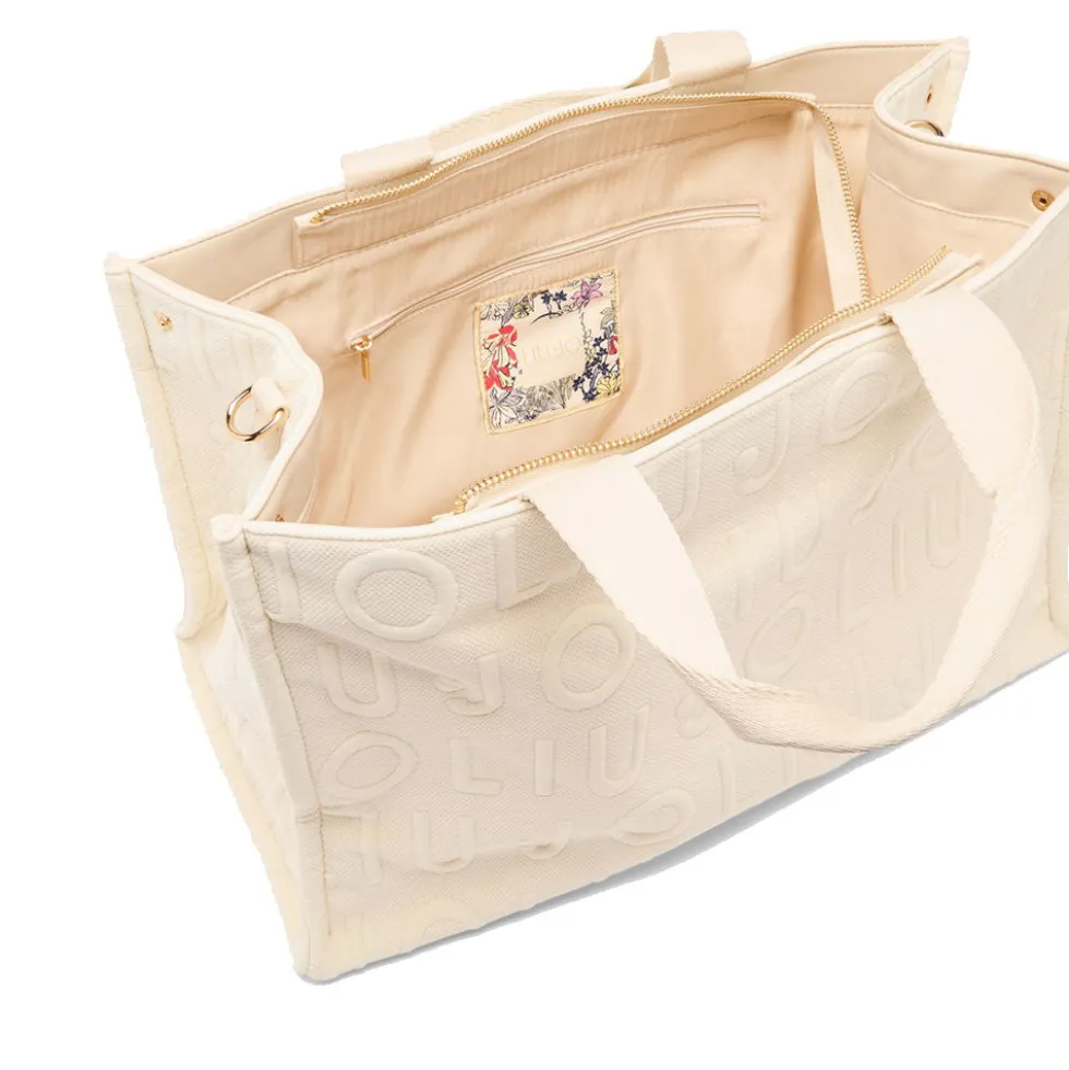 Tote Bag Large LIU JO in Maglia Bianco Panna con Logo Jacquard