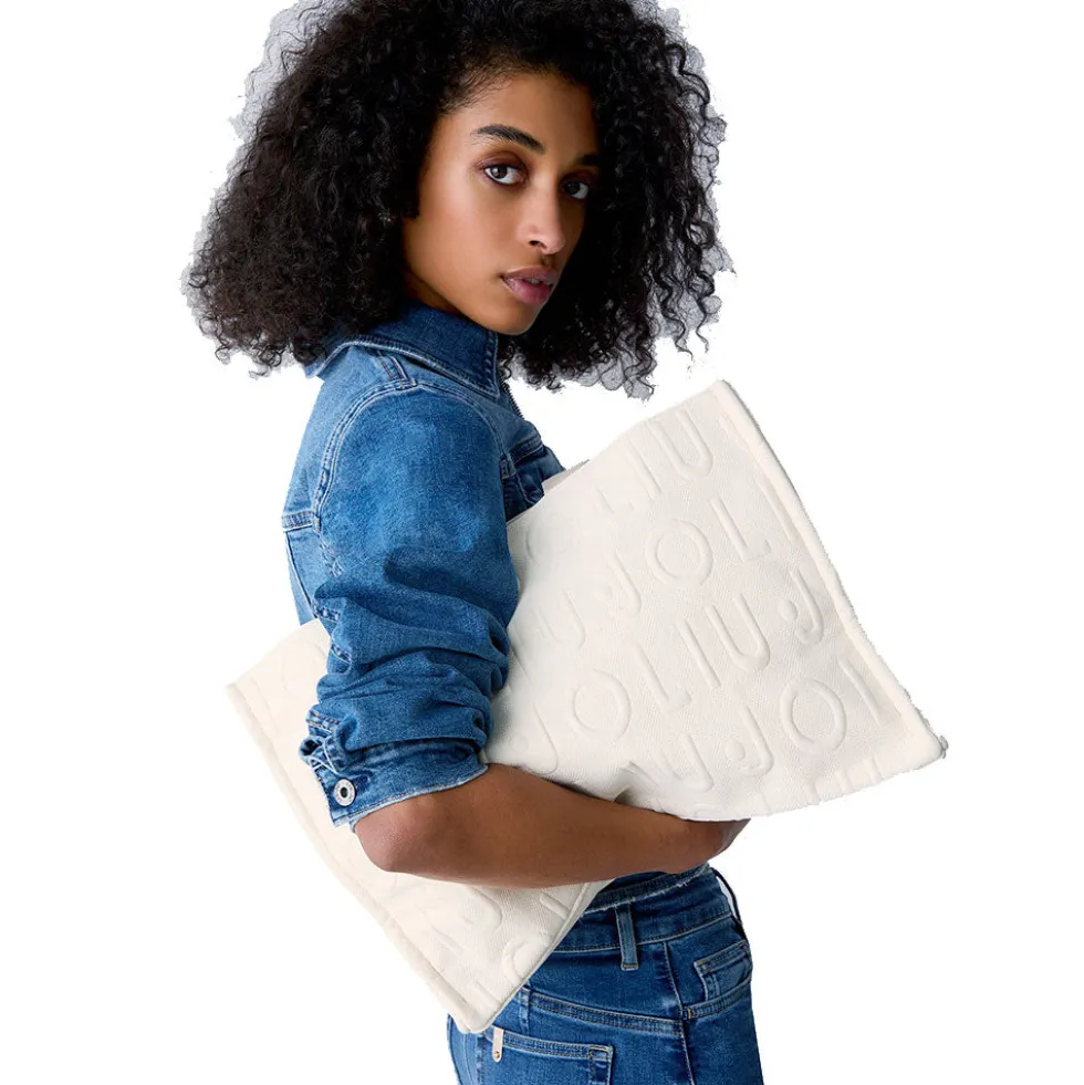 Tote Bag Large LIU JO in Maglia Bianco Panna con Logo Jacquard