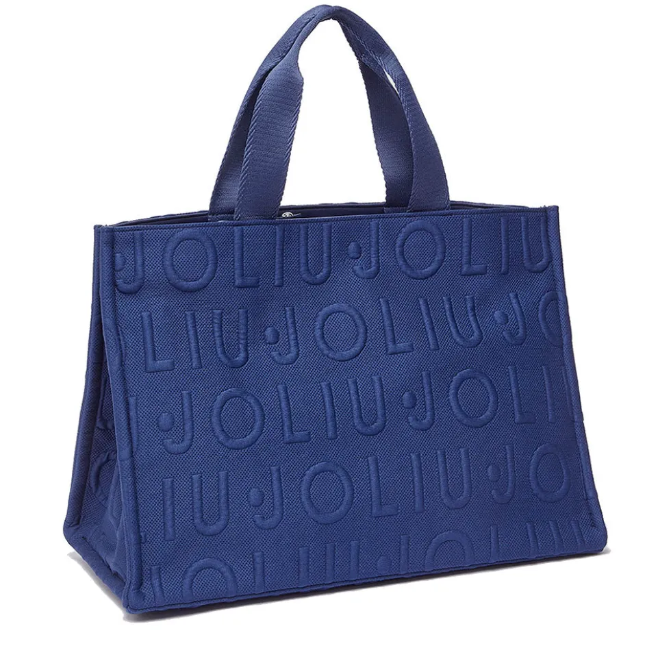 Tote Bag Large LIU JO in Maglia Blu Scuro con Logo Jacquard