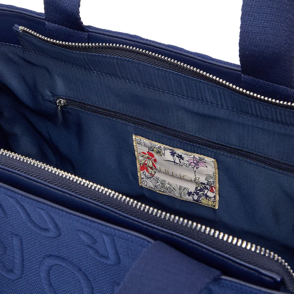 Tote Bag Large LIU JO in Maglia Blu Scuro con Logo Jacquard