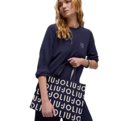 Tote Bag Large LIU JO in Maglia Blu Scuro con Logo Jacquard Bianco