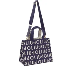Tote Bag Large LIU JO in Maglia Blu Scuro con Logo Jacquard Bianco