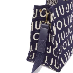 Tote Bag Large LIU JO in Maglia Blu Scuro con Logo Jacquard Bianco