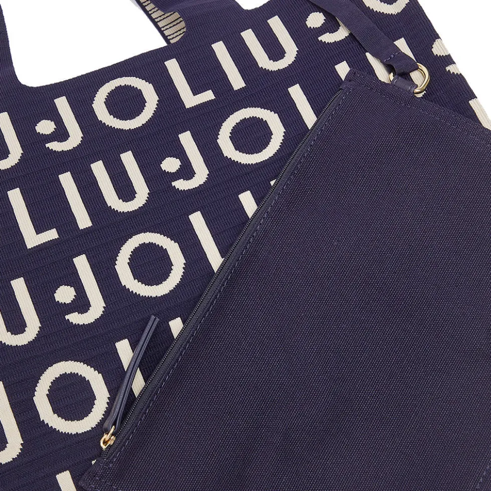 Tote Bag Large LIU JO in Maglia Blu Scuro con Logo Jacquard Bianco