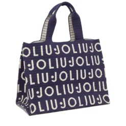 Tote Bag Large LIU JO in Maglia Blu Scuro con Logo Jacquard Bianco
