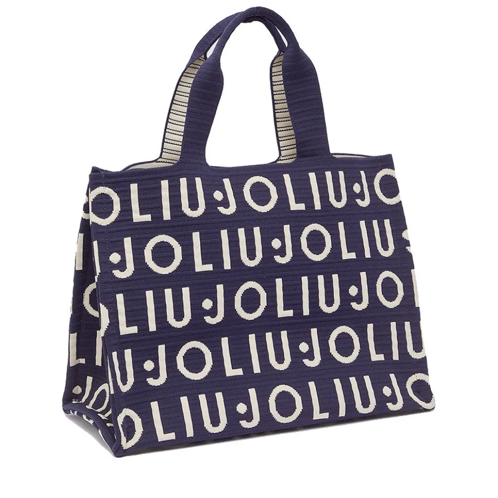 Tote Bag Large LIU JO in Maglia Blu Scuro con Logo Jacquard Bianco