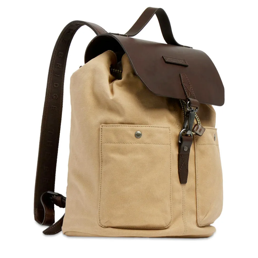 Zaino Uomo THE BRIDGE linea Igor in Tessuto Cerato Beige e Pelle Testa di Moro