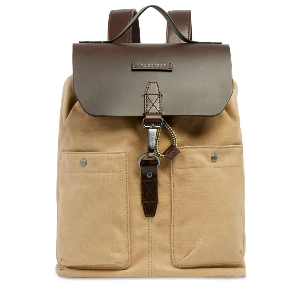 Zaino Uomo THE BRIDGE linea Igor in Tessuto Cerato Beige e Pelle Testa di Moro